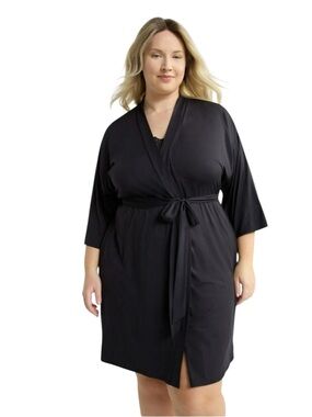 Joyspun Women’s Black Wrap Short Robe with Tie Belt 2X - 3X